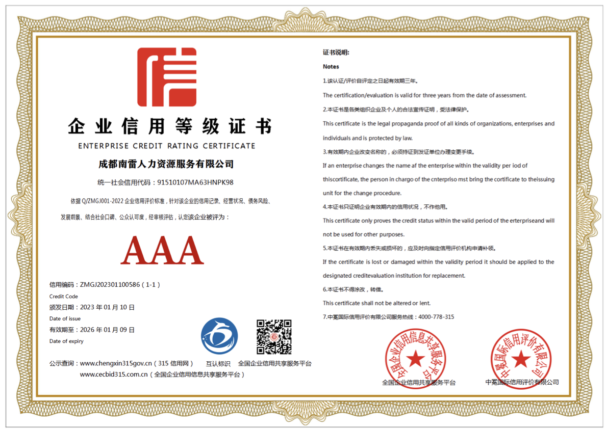 企业信用等级证书